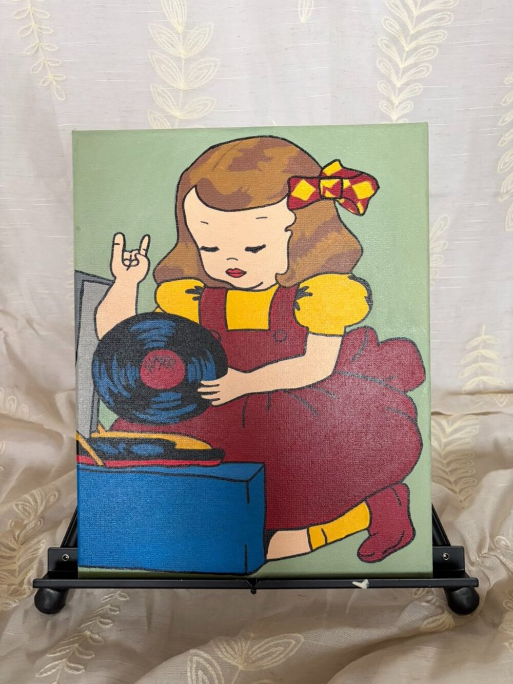 Hand Painted Retro Record Player Girl Acrylic Canvas Wall Art 11x14